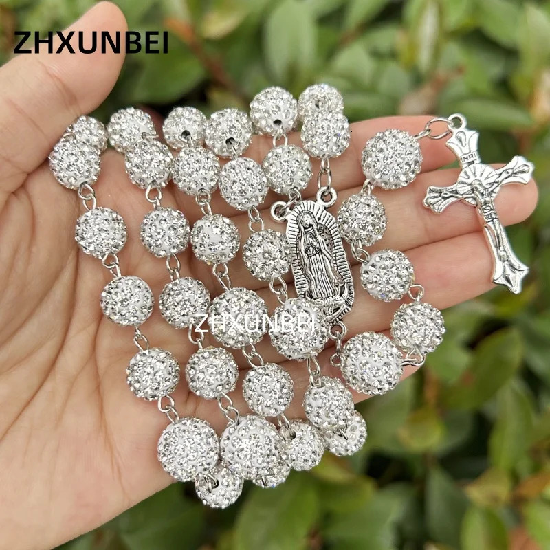 1PC Hip Hop Necklace Rhinestone Rosary Pendant 10mm Disco Ball Beads Virgin Rosary of Guadalupe Men Cluster Fashion Jewelry 250122