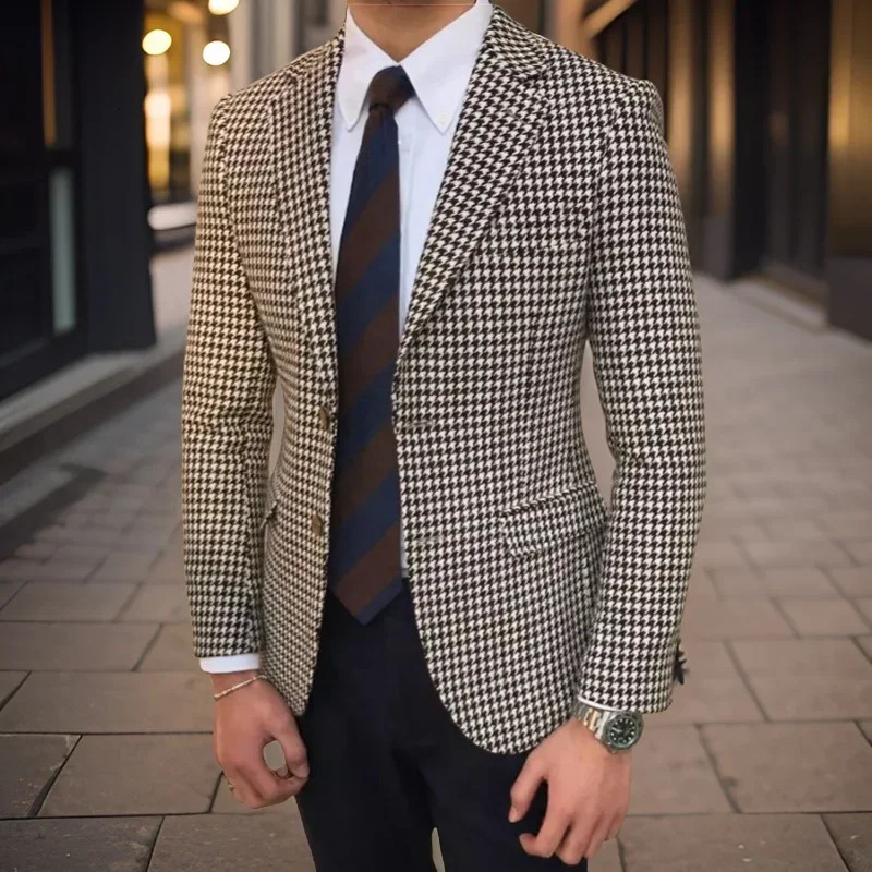 Plaid Men Suit Jacket for Wedding Tuxedo Houndstooth Blazer 1 Pc American Style Notch Style Check Fashion Suit 250122