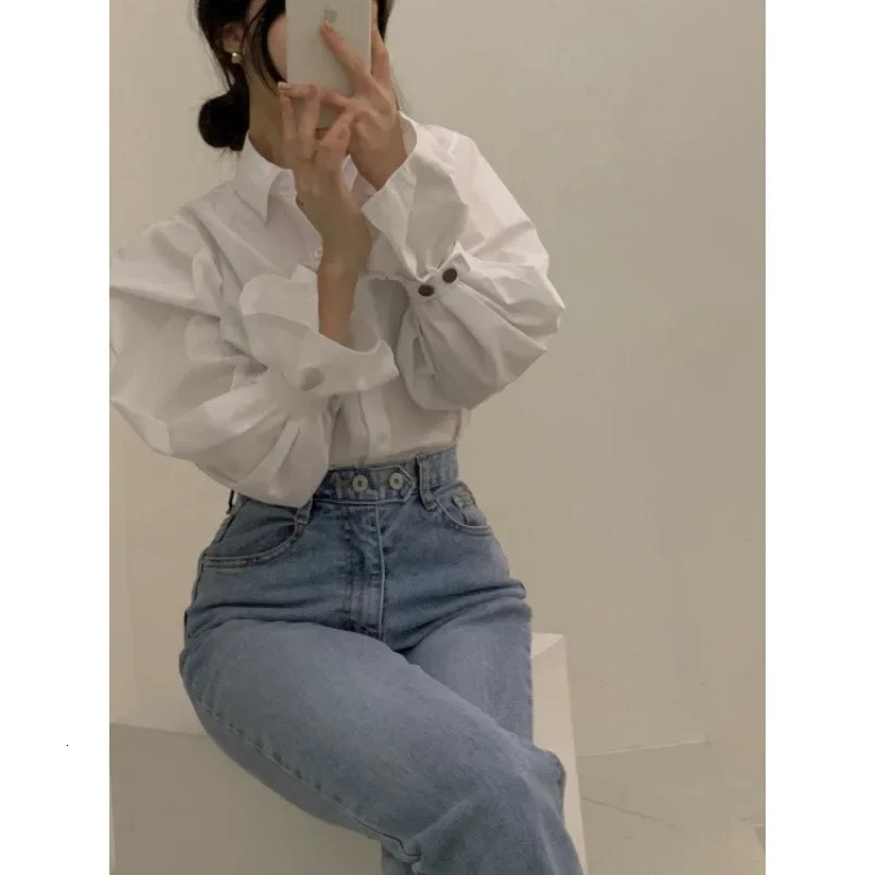 2J11D SleeveOpening TieUp Puff Shirt Large Size Snowflake From China Mainland With SleeveLength Variation 250122