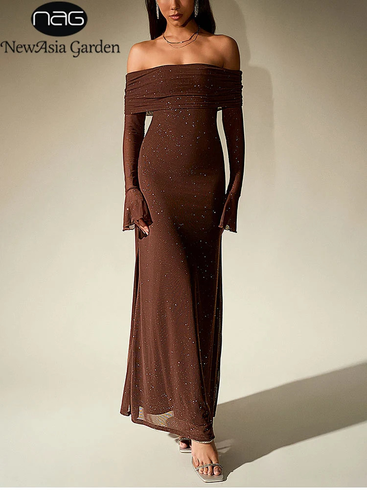 Asia Womens Bell Sleeve Off Shoulder Sequin Long Dress Backless Double Layer Club Party Sparkling Mesh Maxi Dresses Brown 250109