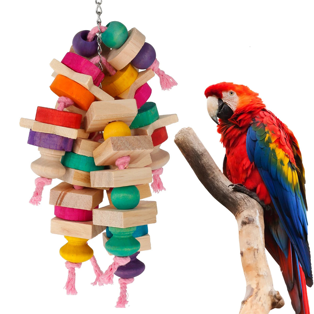 Parrot Chew Toys Bird Parrot Hanging Bite Wooden Blocks Cage Fun Toy for Chewing Climbing Biting Wooden Knots Chewing Toys 250121