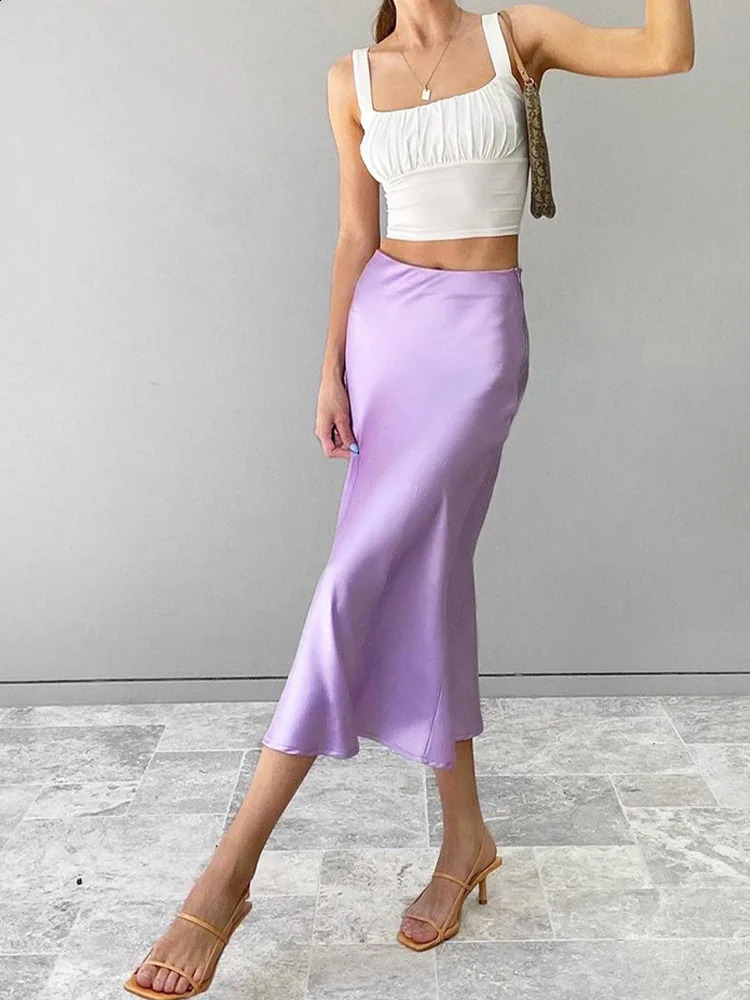 Solid Purple Satin Silk Skirt Women High Waisted Summer Long 2023 Elegant Ladies Office Skirts Midi Spring 250110