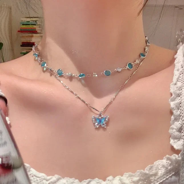 XINYI Romantic Blue Crystal Butterfly Necklace for Women Girls Simple Shiny Zircon Bilayer Choker Clavicle Chain Fine Jewelry 250114