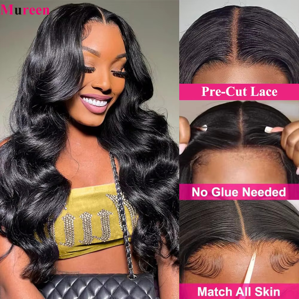 34Inch 250 Density Glueless Human Hair Ready To Body Wave Plucked Pre Cut Wear And Go 4X4 Lace Closure Wig