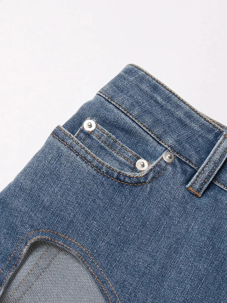 Patchwork Sheer Mesh Sexy Denim Pants For Women High Waist Spliced Pockets Slimming Jeans Female Fashion Style 250117