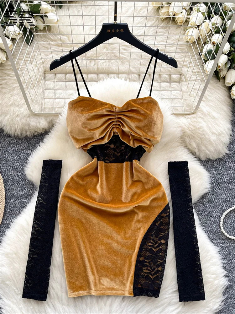 SINGREINY Sexy Lace Splice Velvet Dress Women Oversleeve Slim Chic Strapless Autumn Backless Fashion Senior Party Mini Dresses 250113