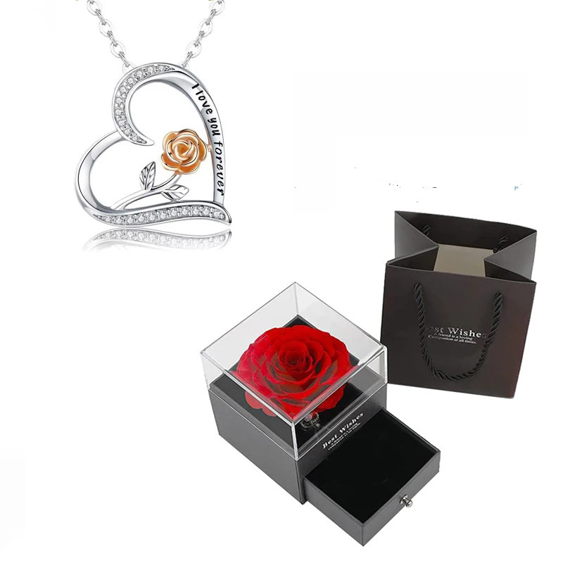 Heart Pendant Necklaces For Women With Rose Flower Box Christmas Wedding Party Gift Romantic Fashion Jewelry 250117