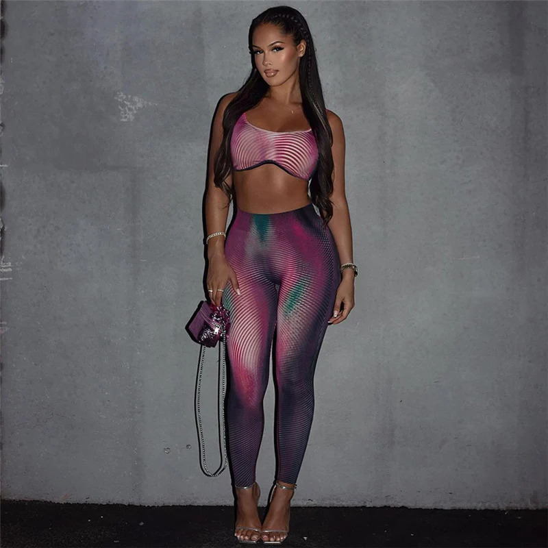 Women Sexy Tie Dye 2 Piece Set Supendency Striped Print Crop TanksContast Color Matching Trousers Female Attractive Suits 250122