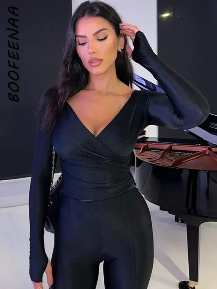 BOOFEENAA All Black 2 Piece Sets Women Outfits Deep V Neck Long Sleeve Crop Top and Pants Matching Sets Sexy Club Wear C70-DI37 250122