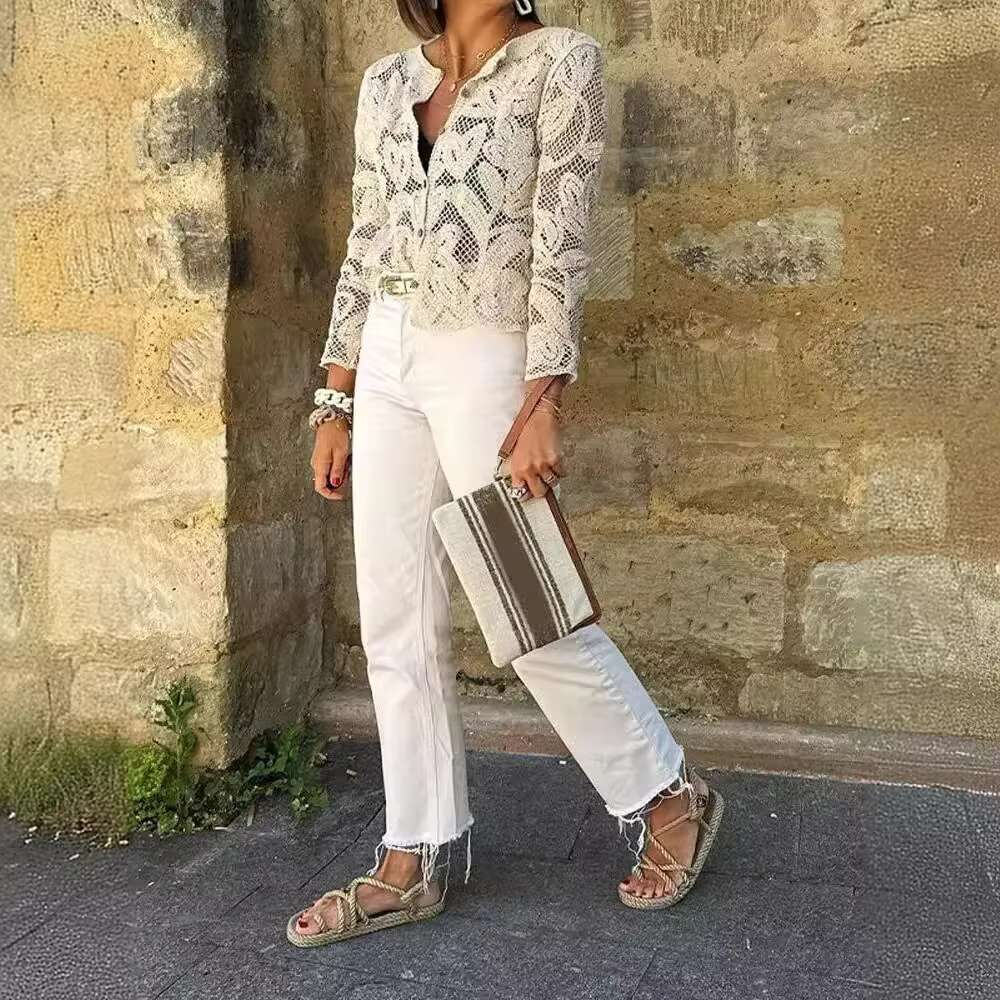 New Sexy Hollow Out Shirts Femme Button Down Crochet Boho Blouses Long Sleeve Hippie Women Shirt Chic Holiday Tops
