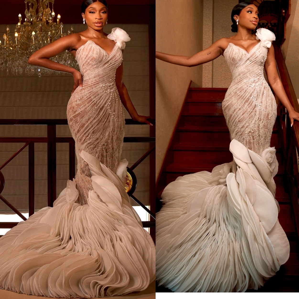 2025 Arabic Aso Ebi Plus Size Ivory Illusion Mermaid Wedding Dresses Beaded One Shoulder Tiers Vintage Bridal Gowns Dress For Bride ZJ068