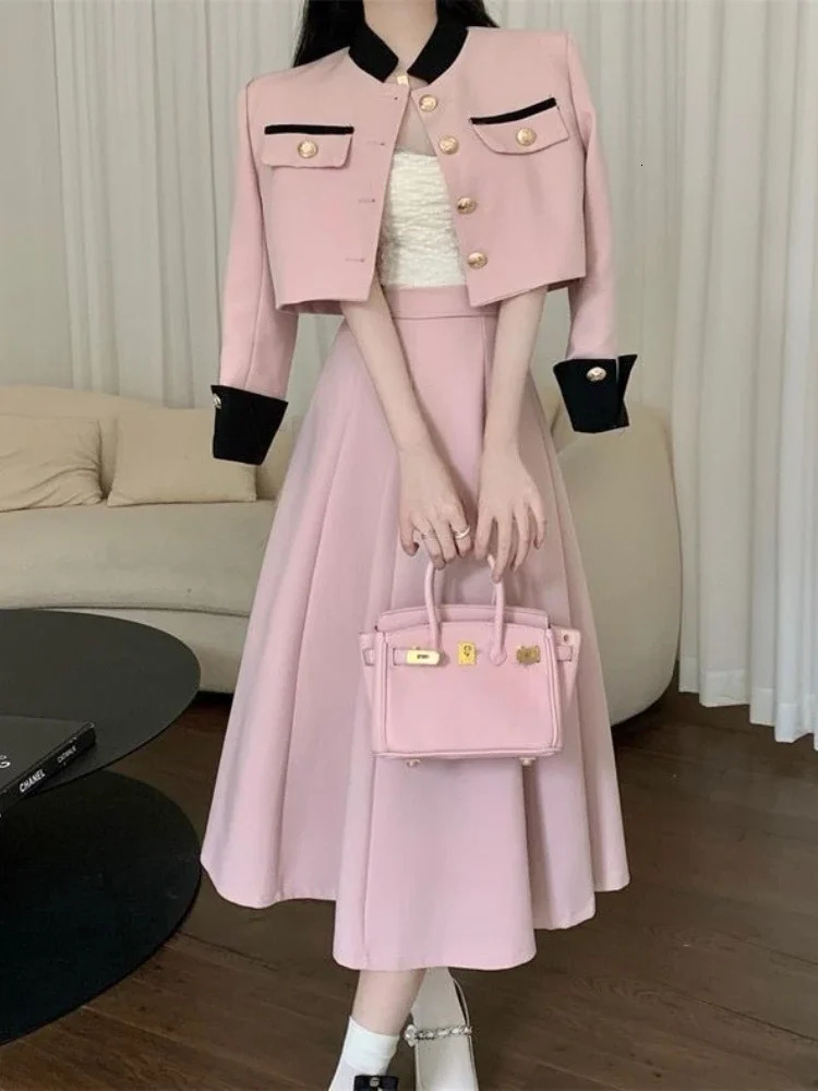 Elegance Comfortable Office Lady Set Autumn Colored Stand Up Neck Short Style Splice Top Mid-length Skirt Set Two Piece 250122