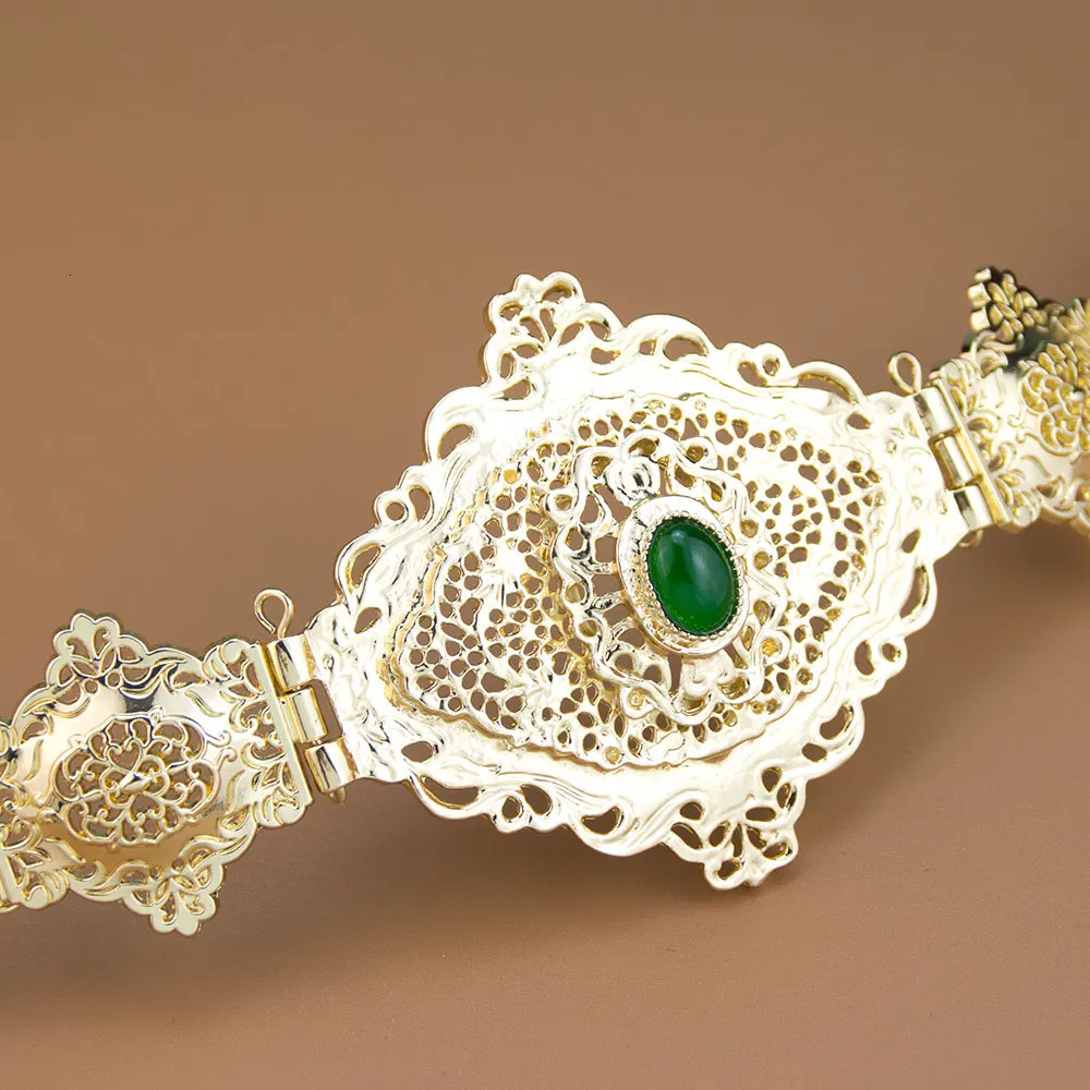 Sunspicems Gold Color Moroccan Kaftan Belt Imitation Jade Stone Arabic Women Bride Jewelry Waist Chain Hollow Persian Pattern 250121