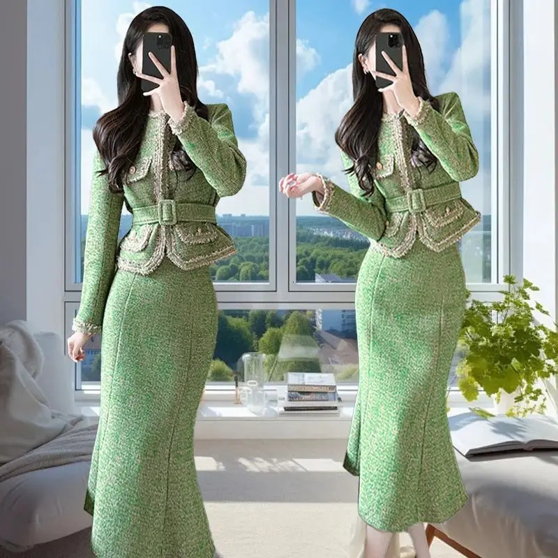 Autumn Style Mouth Cute Decorative Long Sleeved Knitted Jacket Blazer Lim Fit Skirt Elegant Womens Skirt Set Office Outfits 250122