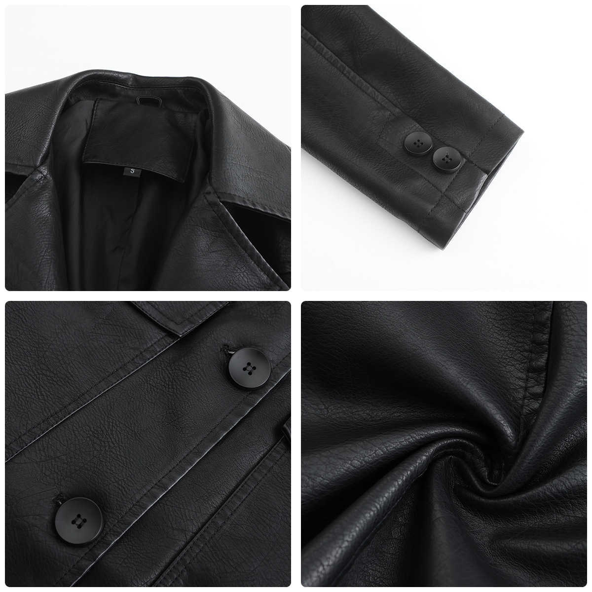 New Style Long Leather Coat Spring Autumn Long Sleeve Leather Windbreaker Jacket Fashion British Coat WoMens Polo Collar Single Breasted Long Trench C