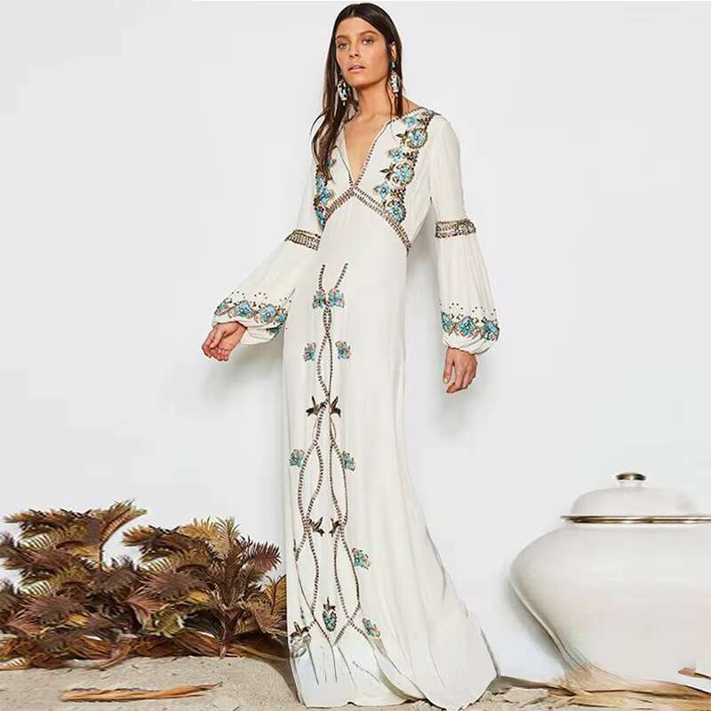 New Cotton Maxi Long Sleeve V Collar Boho Vacation Ral Embroidery Elegant Holiday White Dress Mujer