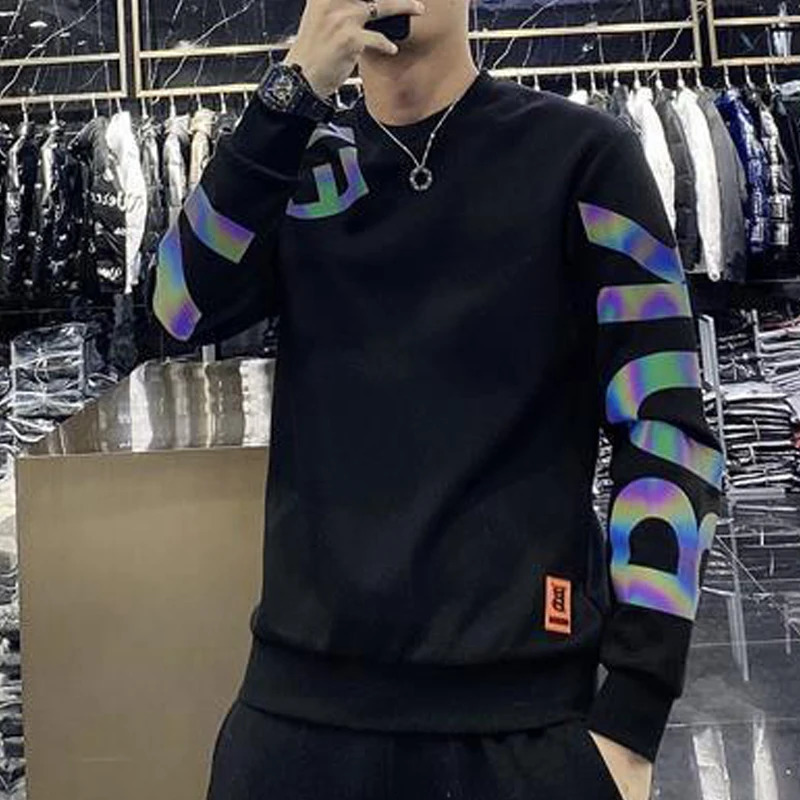 Spring Mens Korean Fashion Print Casual All Match Sweatshirt Appliques Streetwear Loose Hoodie Round Neck Long Sleeve Tops 250122