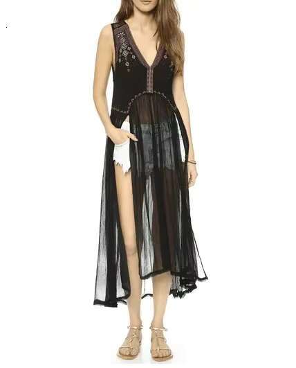 Summer V Neck Irregular Long Backless Embroidery Beach Sexy Holiday Hook Sleeveless Bohemian Dress Free Vestidos