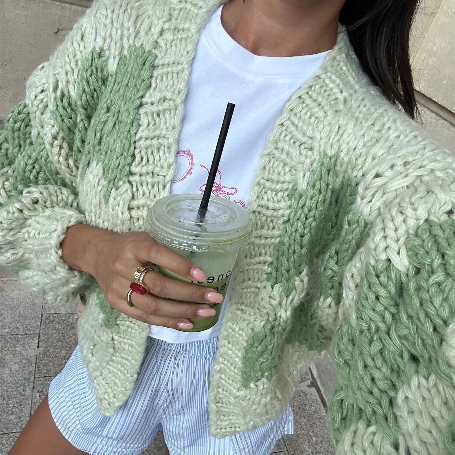 Vintage Lantern Sleeves Knitted Sweater Stripe Pattern Cropped Cardigans Aesthetic Y2k Knitwear Coat Women Autumn Outwear 260206