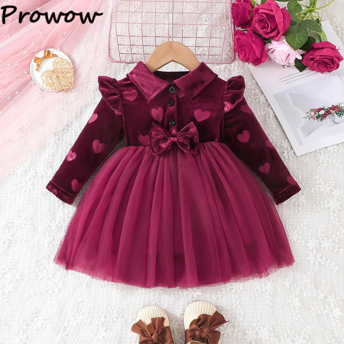 Baby Winter Dresses Long Sleeve Heart Print Velvet Dress For Girls TurnDown Collar Bows Princess born Kids Clothes 250117