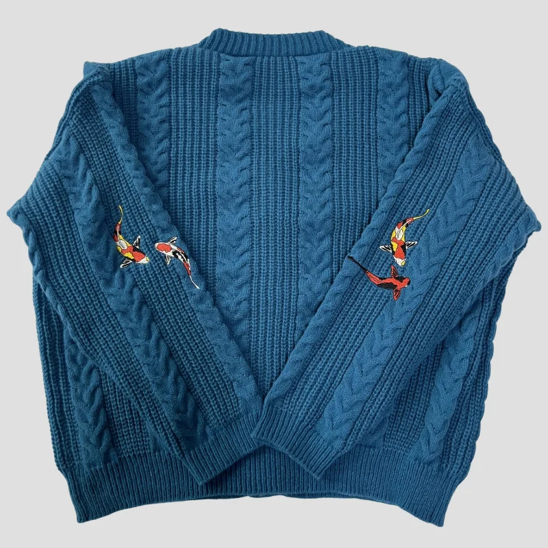 Koi Fish Cardigan Women Vintage Style Koi Carp Embroidery Sweater Female Autumn Winter Turquoise Knitted Cardigans Tops Y2k 250116