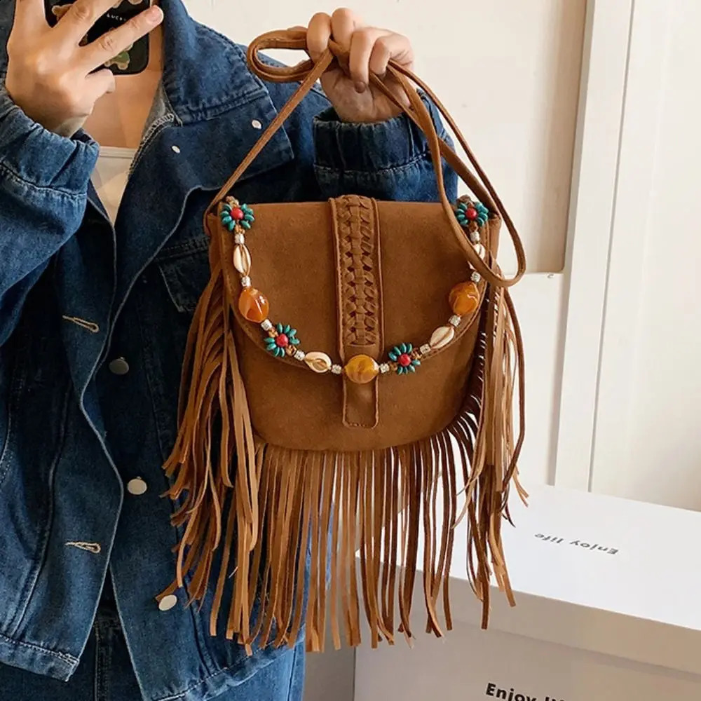 Ethnic Style Bohemian Ruffle Cross Bag Retro Suede Bohemian Saddle Bag Matte Brown Tassel Shoulder Bag 250109