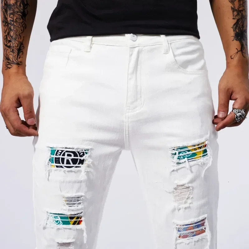Men White Jeans Ripped Slim Pants 97% Cotton Patchwork Hip Hop Fashion Punk Hole Elasticity Denim Trousers Male Streetwear 250121