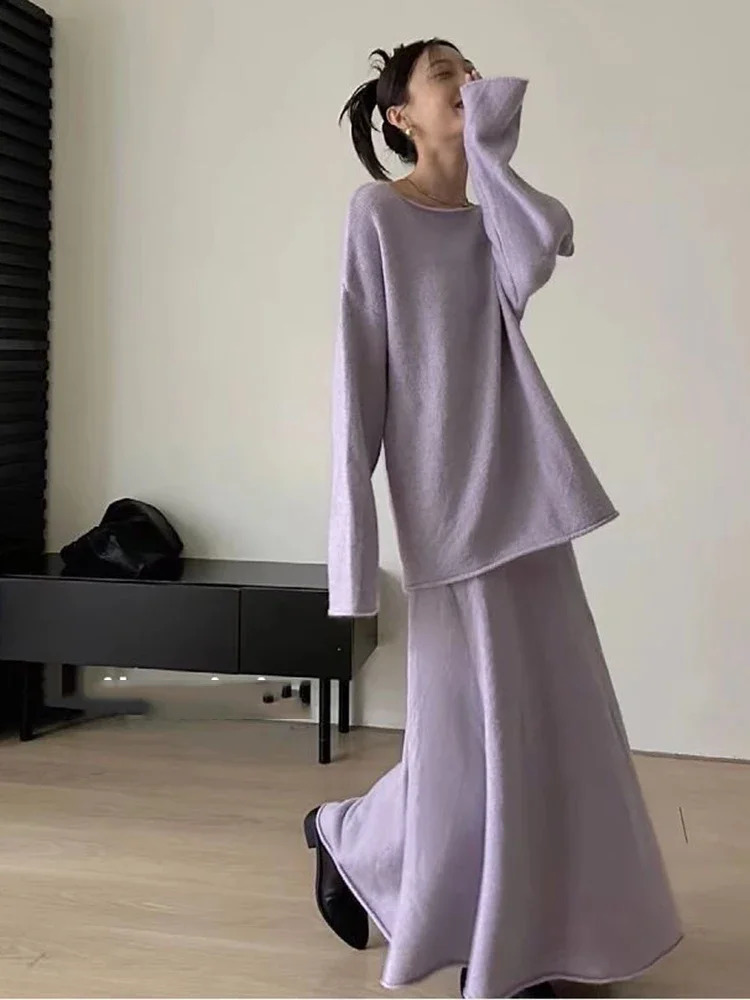 Two Piece Sets Womens Outifits Autumn Solid Knitted Sweater A-Line Elastic Skirt Sets Matching Korean Fashion Womens Clothing 250121