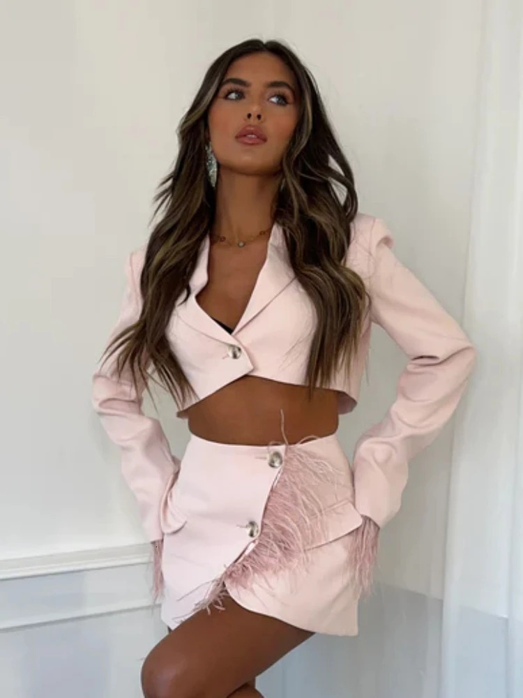 Sexy Long Sleeve Cropped Feather Blazer Feathers Skirt Two Piece Sets Women Pink Crop Top Mini Skirts Suits Party Evening Club 250108