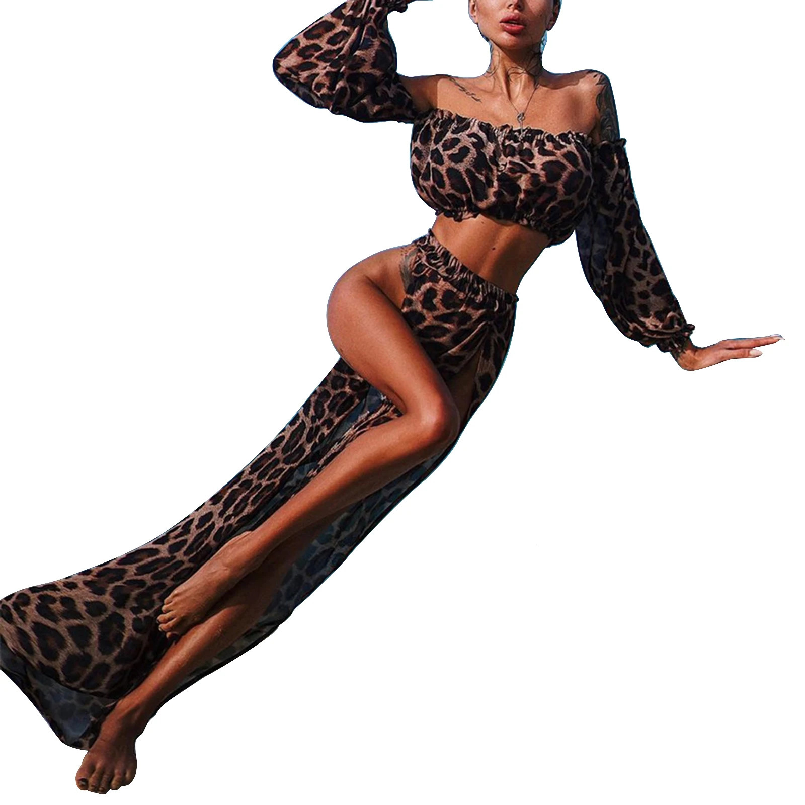 Meihuida Bikini Cover Ups Set Off Shoulder Long Sleeve Crop TopsMaxi Up Skirt Twopiece Suit for Beach Mesh Swimwear 250120