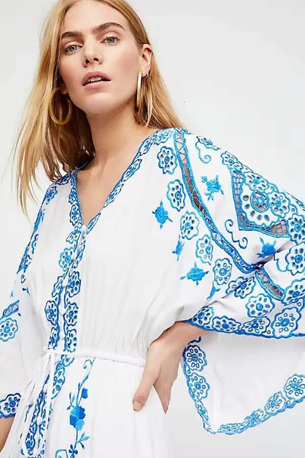 Women's Summer Maxi Hollow Out Wer Design White Cotton V-Neck Loose Wide Sleeve Or Length Dress Boho Vestidos