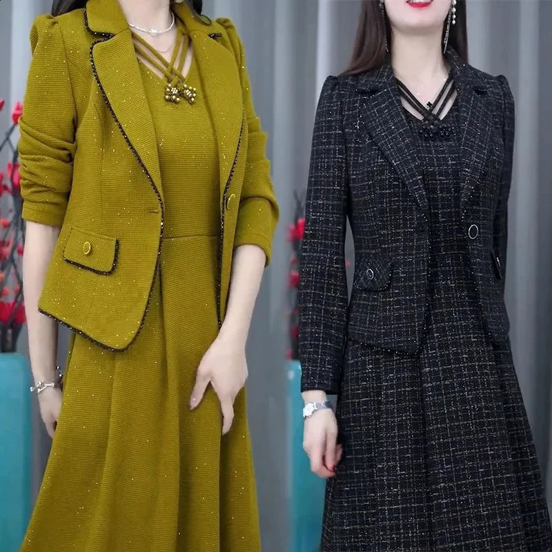 Middle Aged Women Fashion Sets Spring Autumn High End Blazer Jacket Sleeveless Dresses 2 Piece Suit Mothers Dress Outfit 4XL 250122