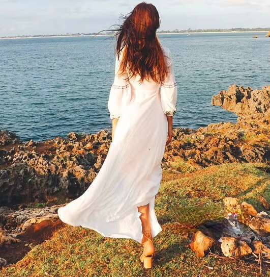 New Cotton Maxi Long Sleeve V Collar Boho Vacation Ral Embroidery Elegant Holiday White Dress Mujer