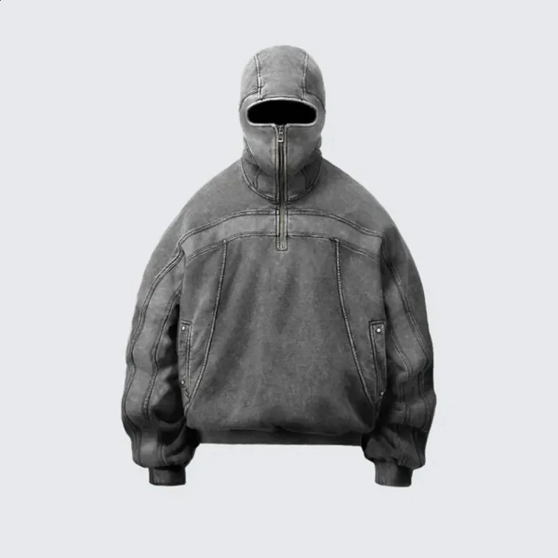 Y2K couple style spliced zip up hoodie fashionable classic Balaclava washed cotton grey ninja retro men hiphop streetwear 250109Z
