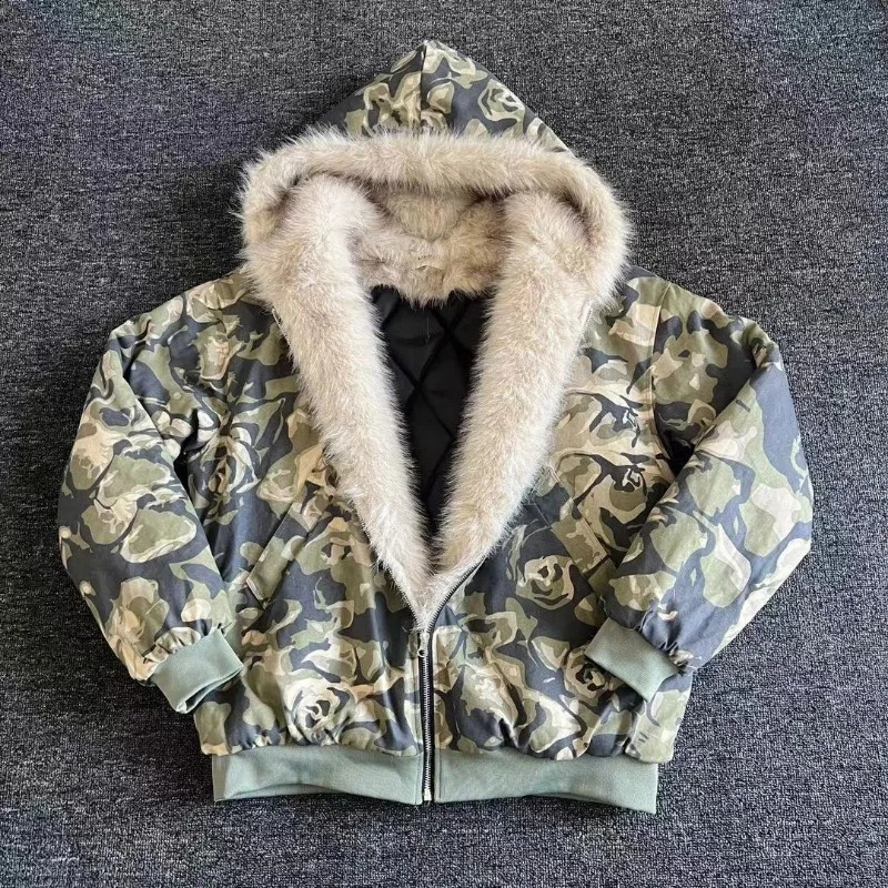 American Fashion Camouflage Fur Collar Padded Jacket Men Y2K Vintage Hiphop Pop Punk Baggy Hooded Couples Casual Coat 250109