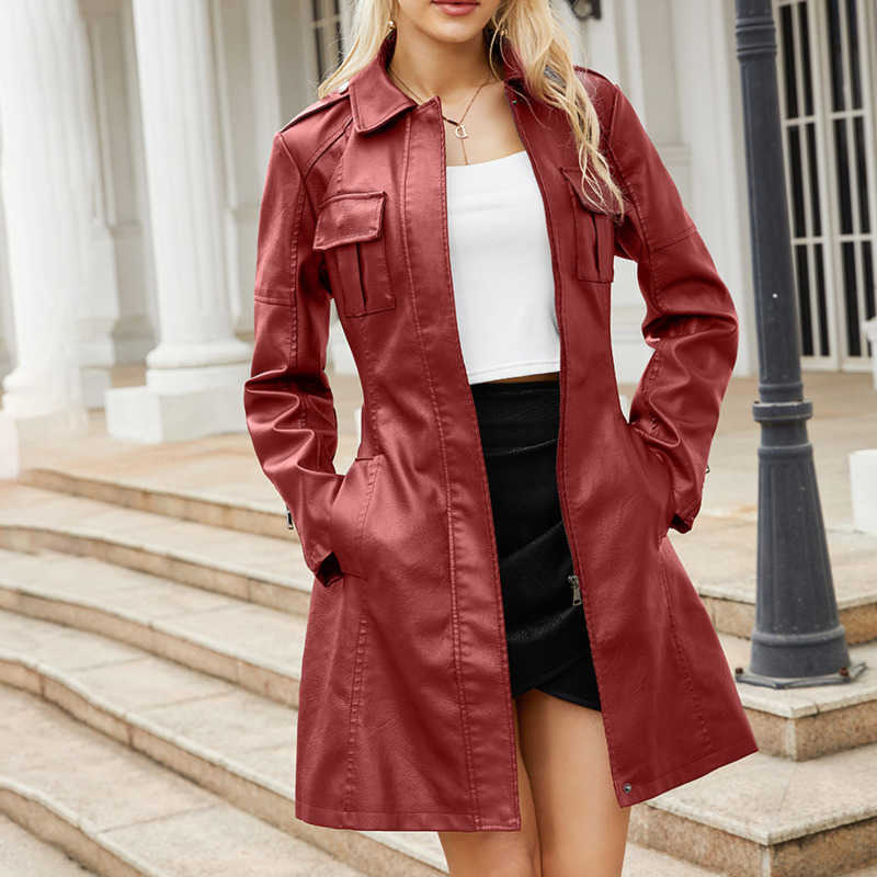 Mid Length Leather Jacket with Belt Spring Autumn Long Sleeved Leather Windbreaker Fashionable British Coat for Womens Long Trench Coat Womens Jacket 
