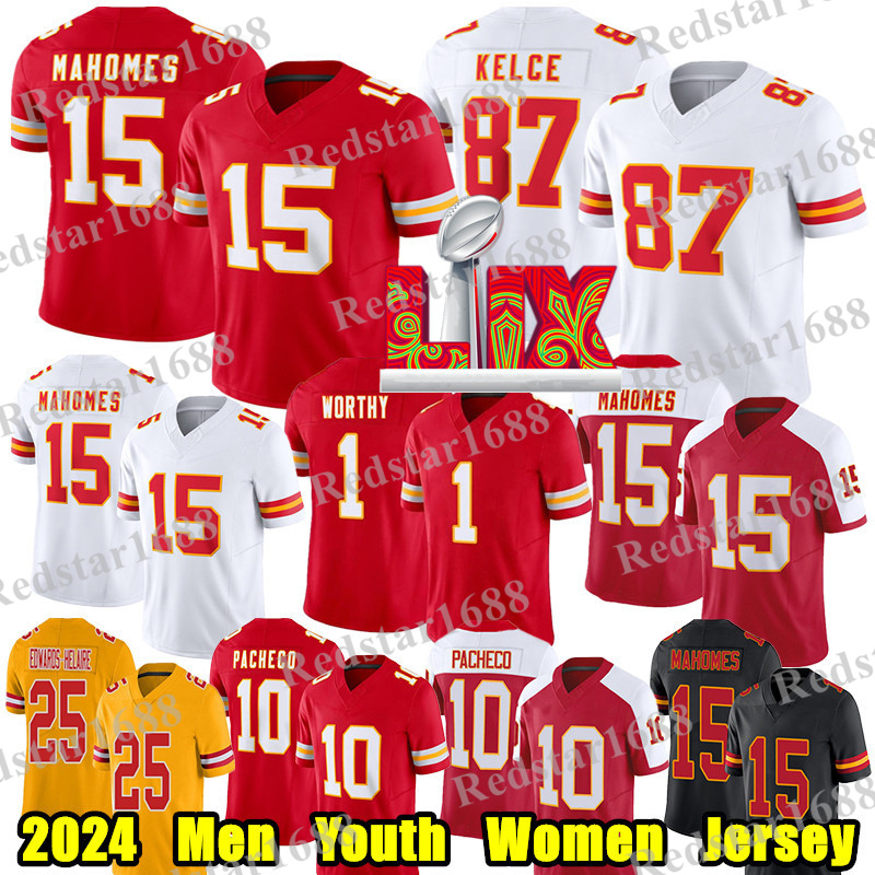 #15 Patrick Mahomes Football Jersey #87 Travis Kelce Rashee Rice Isiah Pacheco Chris Jones JuJu Smith-Schuster Minshew II Bolton Xavier Worthy Josh Simmons jersey