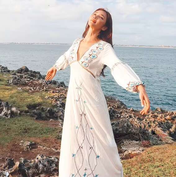 New Cotton Maxi Long Sleeve V Collar Boho Vacation Ral Embroidery Elegant Holiday White Dress Mujer