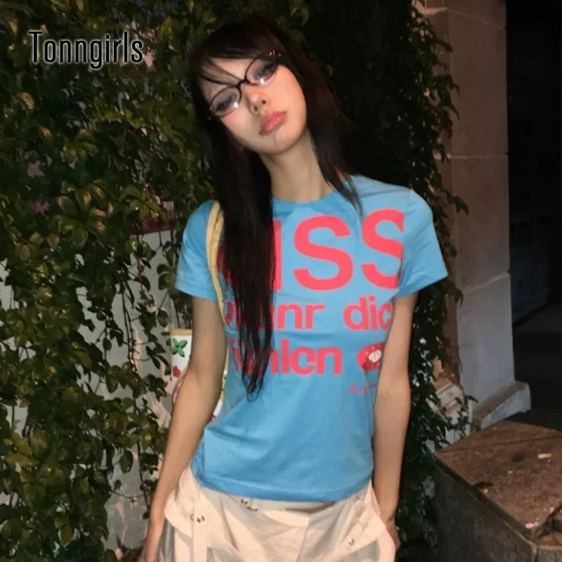 Tonngirls Y2k Print Letter T Shirt Women Skinny Short Sleeve Japanese 2000s Crop Tops Vintage Grunge Tops American Retro Tshirts 250109