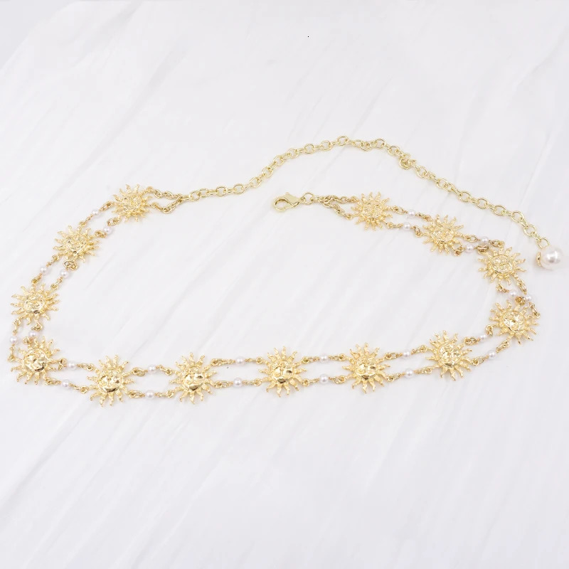 Golden Sun God Pearl Waist Chain Womens Dress Decoration Bright Gold Chain Waist Thin Belt 250117