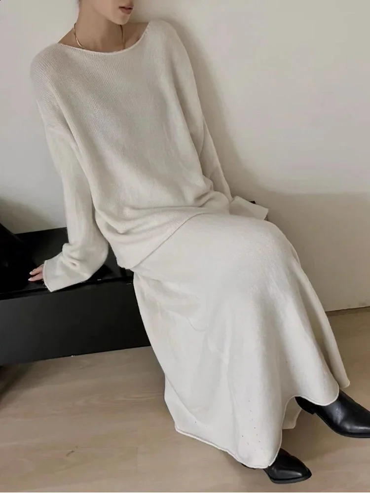 Two Piece Sets Womens Outifits Autumn Solid Knitted Sweater A-Line Elastic Skirt Sets Matching Korean Fashion Womens Clothing 250121