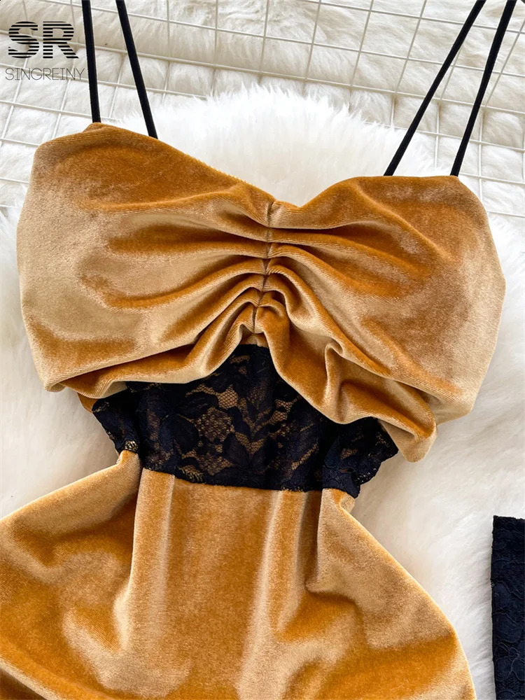 SINGREINY Sexy Lace Splice Velvet Dress Women Oversleeve Slim Chic Strapless Autumn Backless Fashion Senior Party Mini Dresses 250113