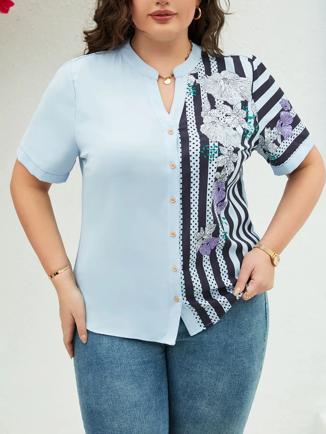 Plus size printed shirt summer casual short sleeved button up womens plus 250122
