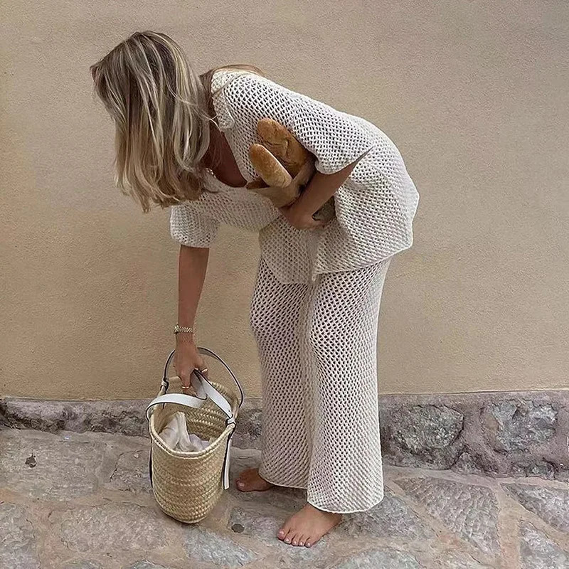 Suimsuit Cover up Beach 2024 Knitted Hollow Out cardigan Top Straight Pants Sets Mesh HighWaist Bottoms Suit Sexy Streetwear 250120