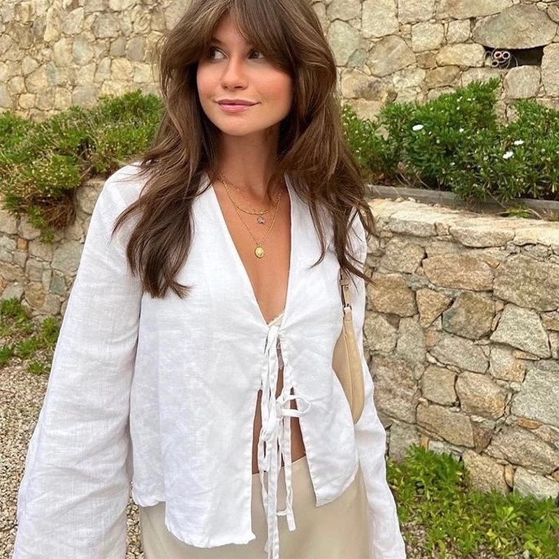 Lace bow cotton linen shirt womens loose solid Vneck lapel spring summer casual simple top 250122