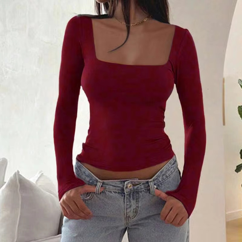 New Women Autumn Sexy Low Chest Solid Elegant T-Shirt Streetwear Fashion Long Sleeves Casual Slim Versatile Female Tees