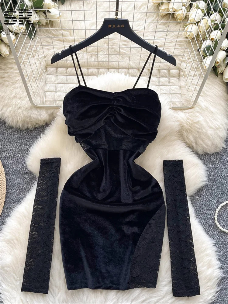 SINGREINY Sexy Lace Splice Velvet Dress Women Oversleeve Slim Chic Strapless Autumn Backless Fashion Senior Party Mini Dresses 250113