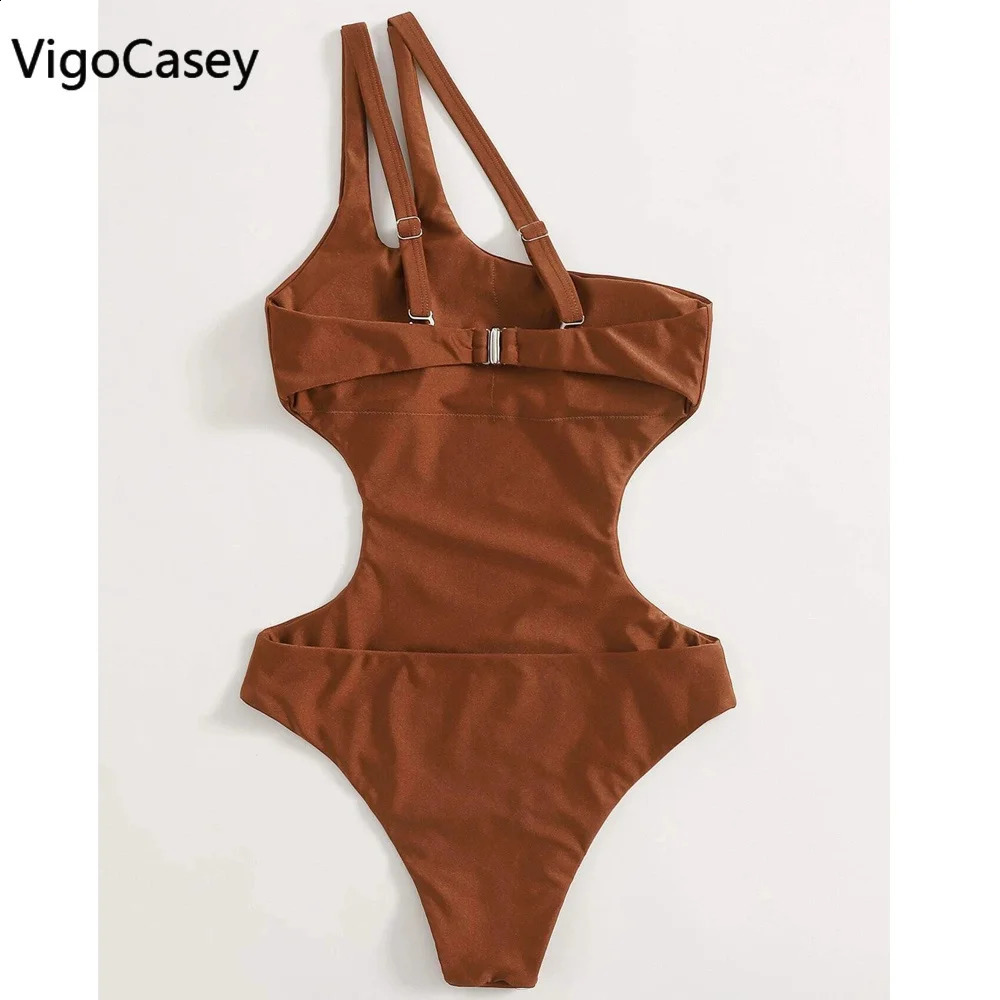 VigorCasey 2025 Solid One Shoulder Swimwear Women Sexy High Waist Hollow One Piece Swimsuit Monokini Backless Beach Bathing Suit 250118