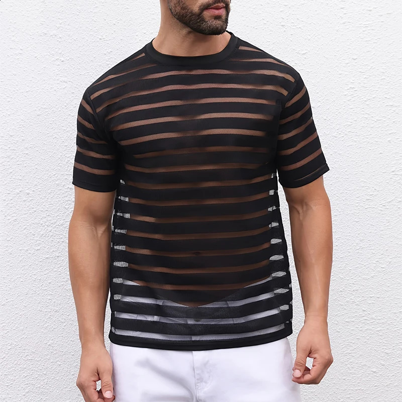 Sexy Striped Hollow Out Mesh T Shirts Mens Fashion Patchwork Short Sleeve Mesh Tops For Men Spring Summer Casual Breathable Tees 250117