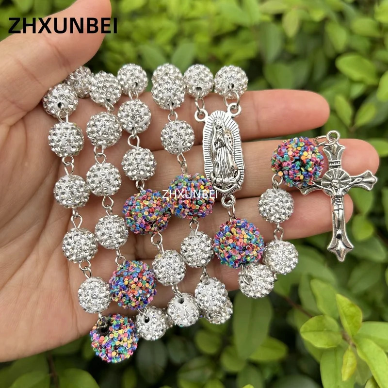 1PC Hip Hop Necklace Rhinestone Rosary Pendant 10mm Disco Ball Beads Virgin Rosary of Guadalupe Men Cluster Fashion Jewelry 250122